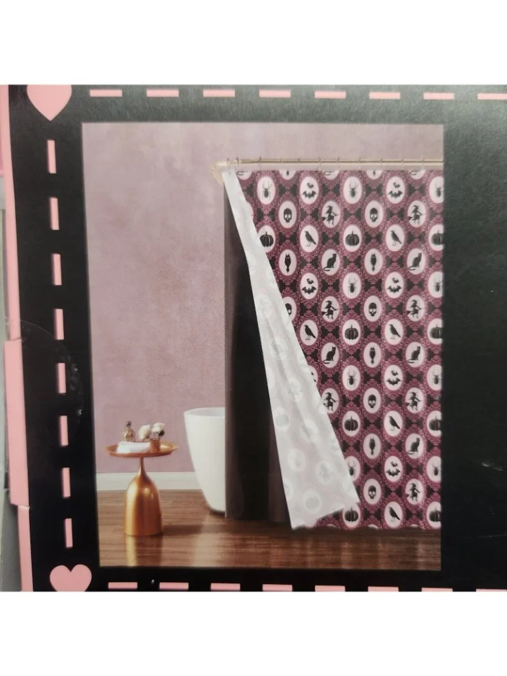 Betsey Johnson Halloween Shower Curtain Set Pink Black Crows Bats Skulls Bats